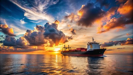Naklejka premium A Cargo Ship Navigates the Serene Ocean Waters as the Sun Sets, Casting a Glowing Golden Light on the Rippling Surface, While Dramatic Clouds Paint the Sky with Vibrant Hues of Orange and Purple