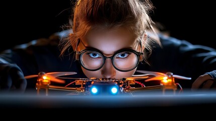 Focused Technician with Drone: A young woman, intensely focused, examines a small drone in a dramatic low-light setting. Her expression is one of concentration and determination.