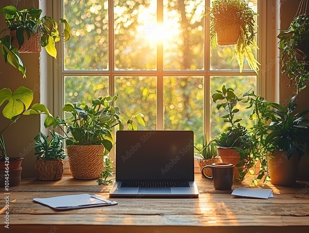 Poster a laptop computer sits on a wooden desk in front of a window with a view of trees and sunlight strea