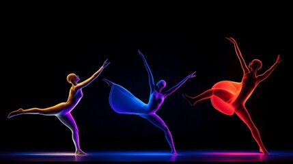 Radiant Dance:  Three stylized dancers in vibrant hues, expressing fluid grace and dynamic movement...