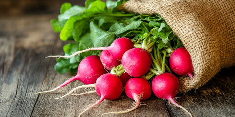  Fresh Radishes in Burlap Bag on Rustic Surface