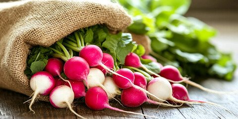  Fresh Radishes in Burlap Bag on Rustic Surface
