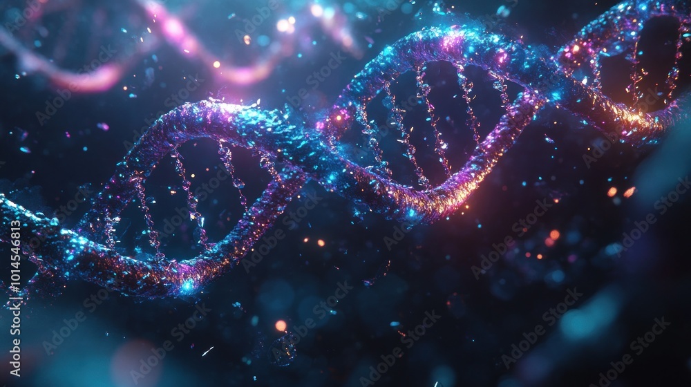 Poster vibrant dna strands illuminated in a cosmic setting, representing genetic structure and science.