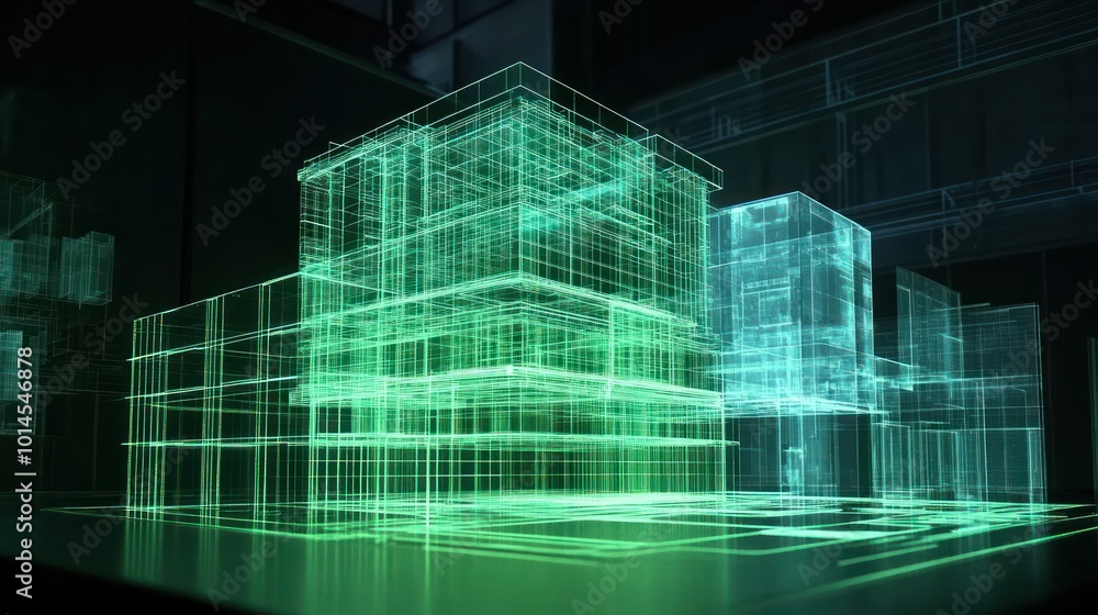 Poster a wireframe model of a cityscape with a green glow