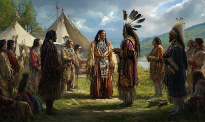 Fototapeta premium Native Americans in traditional clothing gathered outside tents.