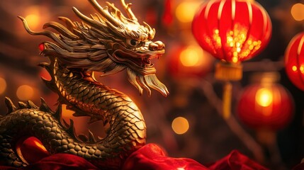 Fototapeta premium A golden dragon sculpture surrounded by red lanterns, symbolizing celebration and culture.