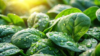 Obraz premium Dew-kissed emerald leaves bask in the gentle caress of sunlight, each droplet a tiny prism reflecting the warmth of the day.