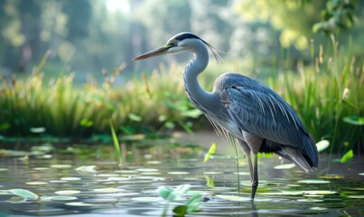 Graceful heron standing in a serene wetland, 4K hyperrealistic photo.