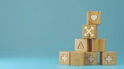 Medical and Healthcare Icons on Wooden Blocks: Visualizing Health Solutions