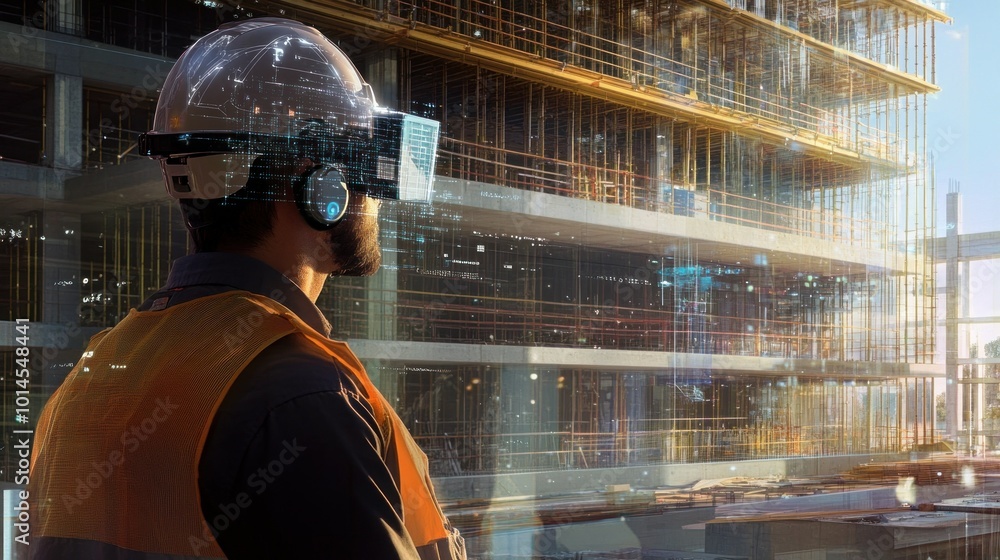 Aufkleber Construction Worker Using Augmented Reality Headset to View Building Design