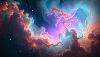 Obraz premium Teal, Violet, and Orange Nebula with Ethereal Gas Clouds and Star Light ,Peaceful Cosmos