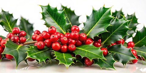 A vibrant cluster of red berries nestled amidst the prickly, emerald green leaves of a holly sprig, a testament to the beauty of nature's simple gifts.
