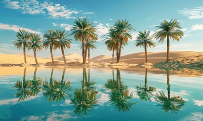 Fototapeta premium Oasis mirage in the desert with palm trees and crystal-clear water reflecting the sky, 4K hyperrealistic photo