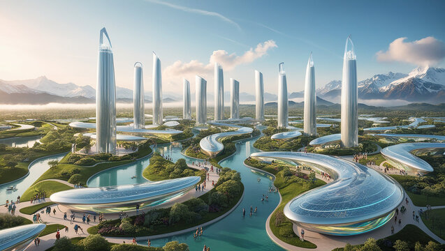 modern and futuristic city. utilize zero-emission electricity. has a natural and cool view without emissions