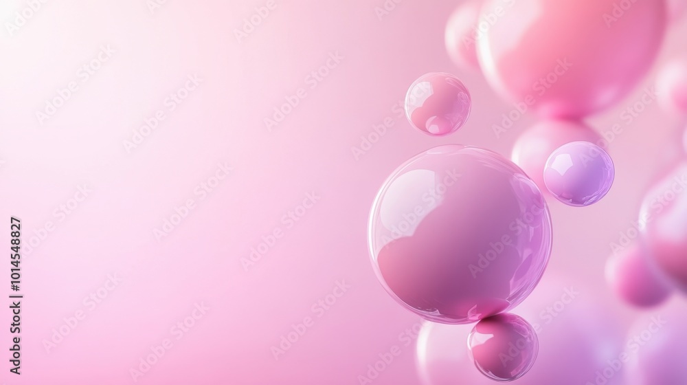 Poster abstract 3d shapes floating in soft pink and purple hues with room for copy in the lower portion.