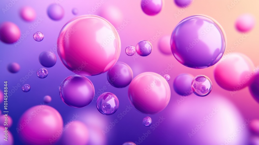 Poster abstract 3d shapes floating in soft pink and purple hues with room for copy in the lower portion.