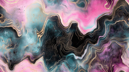 Marble pattern with pink, teal, and black swirls and gold accents, seamless and repeating texture