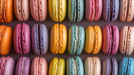 Brightly colored macaroons arranged in a neat row.