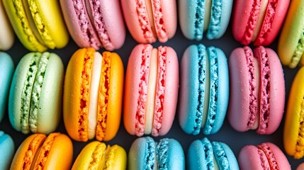 Brightly colored macaroons arranged in a neat row.