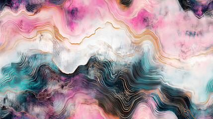 A beautiful pattern of dark pink, teal, and black marble with swirls of gold, seamless and repeating texture.