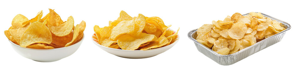 Crispy Golden Potato Chips in Bowls and Serving Tray for Snack Time