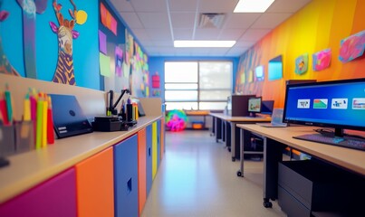 Colorful classroom with computers, desks, and storage cabinets.