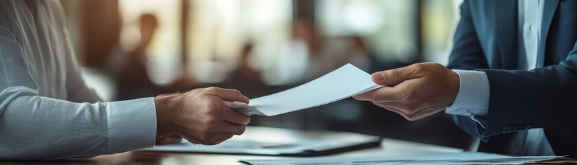 Obraz premium Business Manager Handing Over Documents in Office Setting