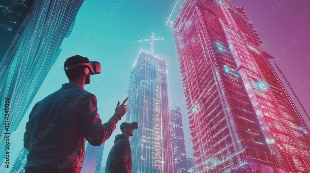 Aufkleber man in vr headset looking at digital model of a skyscraper