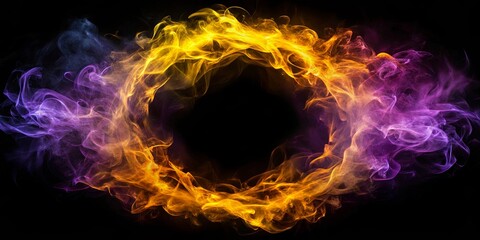 Fototapeta premium A swirling ring of vibrant purple and yellow smoke creating a captivating abstract design on a black background.