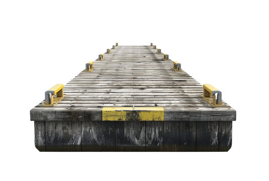 Wooden Dock Pier with Yellow Safety Bumpers on White Background