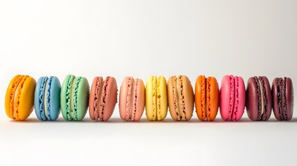 Brightly colored macaroons arranged in a neat row.