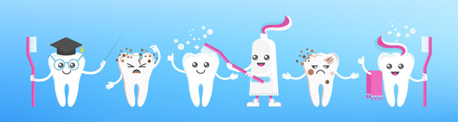 Funny cute smile and sad teeth characters. Dental health.