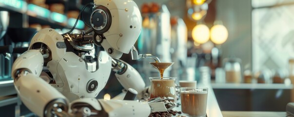 Robot barista making customized coffee drinks at a cafe, 4K hyperrealistic photo