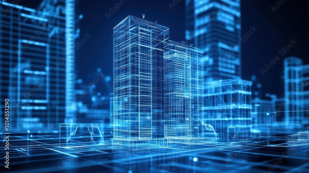 Poster a wireframe model of a modern cityscape illuminated in blue