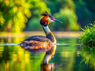 Elegant Great Crested Grebe swimming peacefully across Schodno Lake in the picturesque Kashubian Lake District, Poland, captured beautifully through