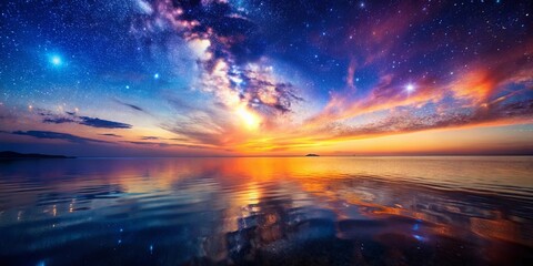 Celestial Reflections A Serene Panorama of a Starry Night Sky Mirrored in the Tranquil Waters of a Distant Shoreline © Kukar Studio