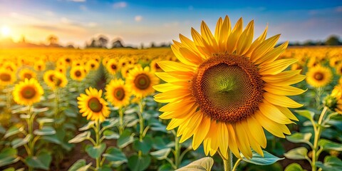 Fototapeta premium A lone sunflower in full bloom, its vibrant yellow petals reaching towards the warm glow of a setting sun, amidst a sea of sunflowers stretching across the field, creating a picturesque landscape.