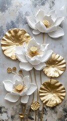 Three white lotus flowers, with golden yellow leaves in the background