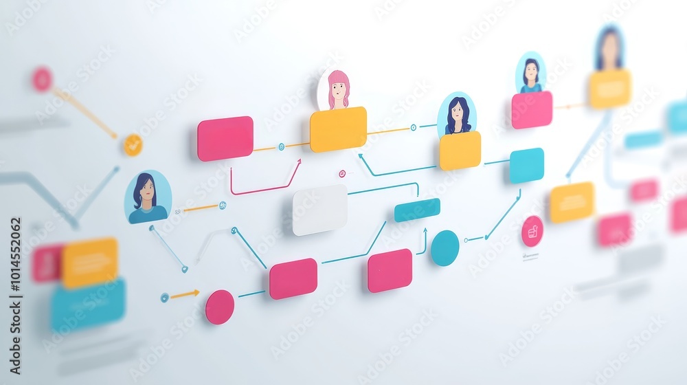 Poster business flowchart with colorful icons and nodes
