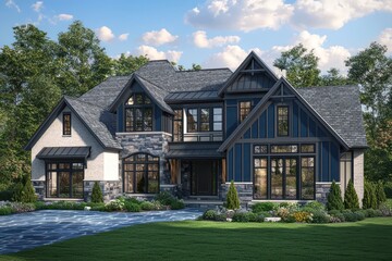 Fototapeta premium Architectural rendering of a home with slate blue accents, traditional design, featuring dark quartz and alder details, large windows, gray roof trim, a bluestone driveway, and a neatly manicured yard