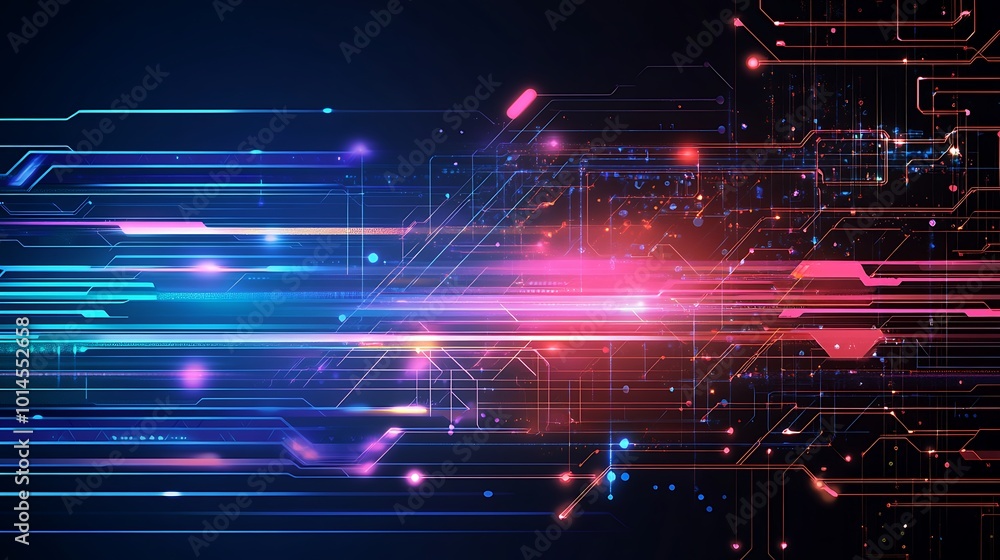 Poster Abstract digital background with glowing lines and circuits.