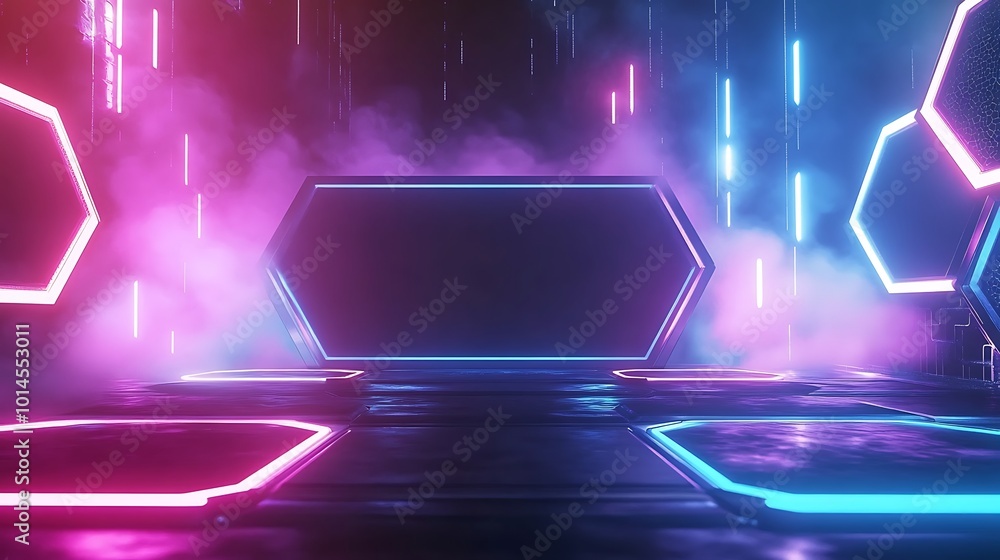 Poster Futuristic neon lights and fog on a dark background with a blank hexagon.