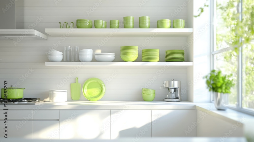 Poster a modern kitchen showcases open shelves filled with green and white tableware, illuminated by natura