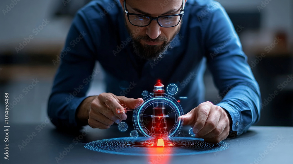 Poster the architect of innovation: a focused, determined man in glasses examines a complex, futuristic hol