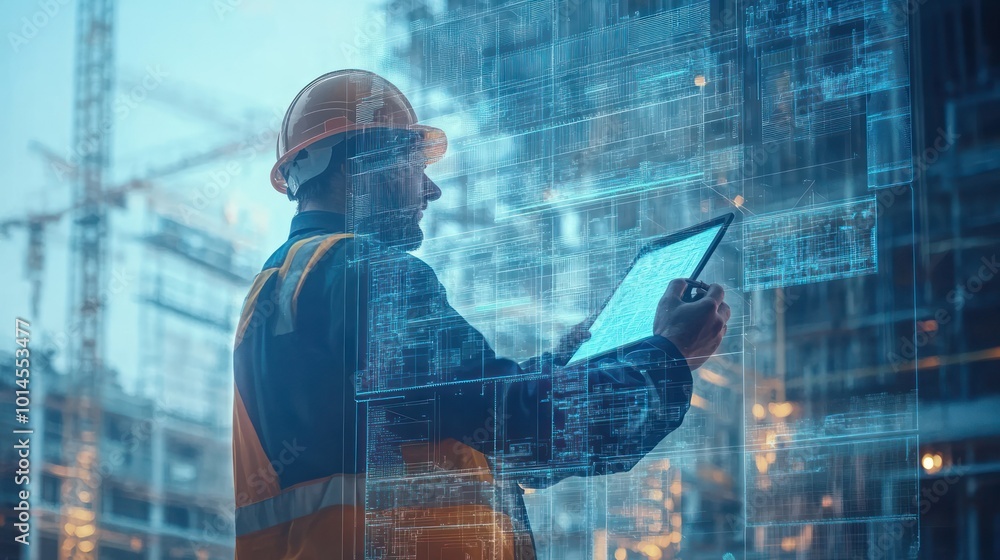Aufkleber Construction Worker with Digital Overlay Using Tablet Computer