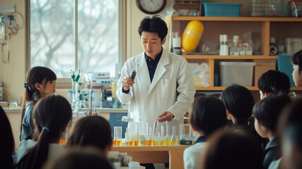 Japanese science teacher conducting experiment in class 