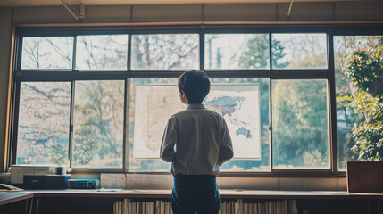 Japanese boy looking at world map in classroom 
