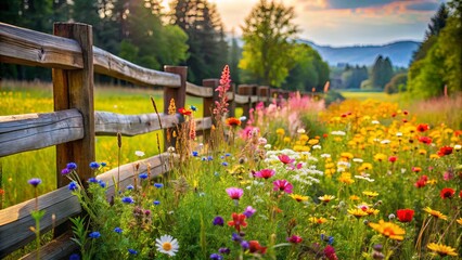 A Rustic Wooden Fence Lines a Field of Vibrant Wildflowers Blooming Under a Golden Sunset Sky