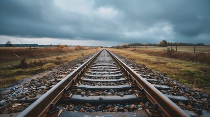 Railroad tracks stretching through countryside on cloudy day