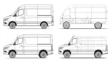 A set of minivan blueprints showcasing various views. The commercial van mockup is ideal for branding, marketing, and advertising purposes.